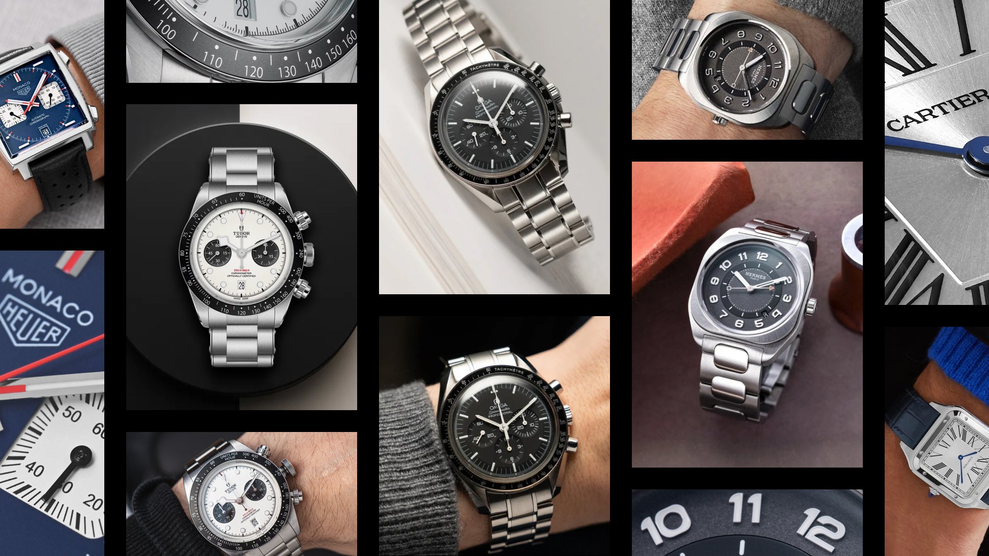 Kolaż najlepszych zegarków męskich do 20 000 PLN z rynku wtórnego, prezentujący modele nurkowe, chronografy, eleganckie i casualowe od marek Omega, Tudor, IWC, Cartier i Grand Seiko.
