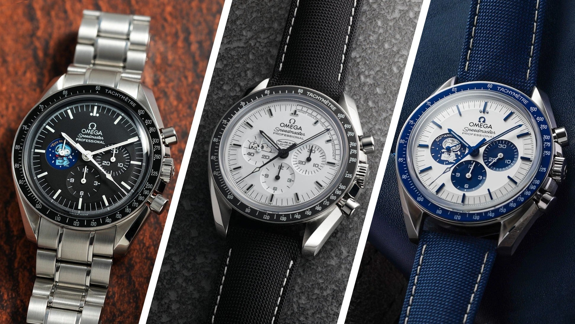 Trzy edycje Omega Speedmaster “Silver Snoopy Award” – modele z 2003, 2015 i 2020 roku