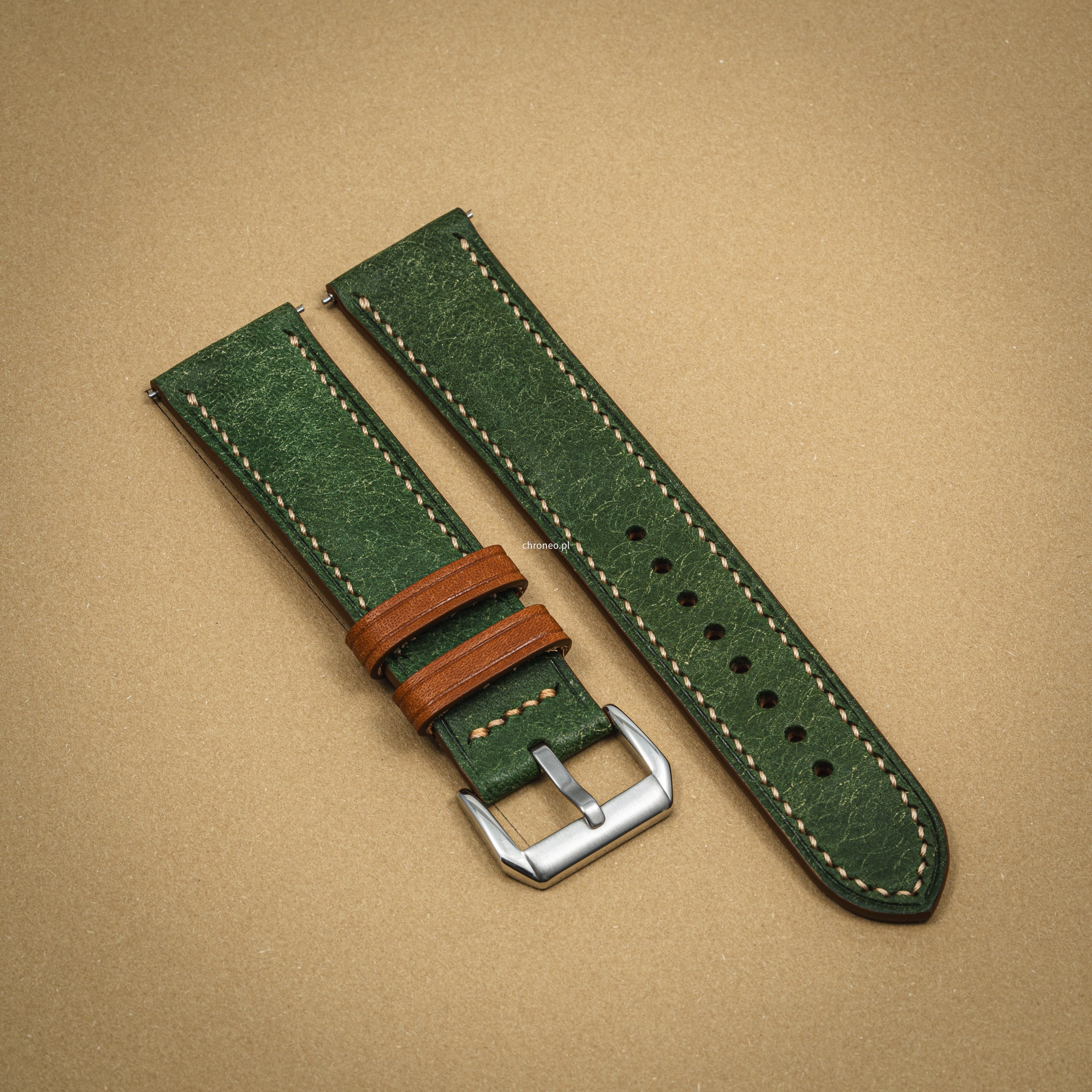 Ręcznie szyty pasek do zegarka A. Kucharski Leather Badalassi Carlo Double Green/Camel 20 mm