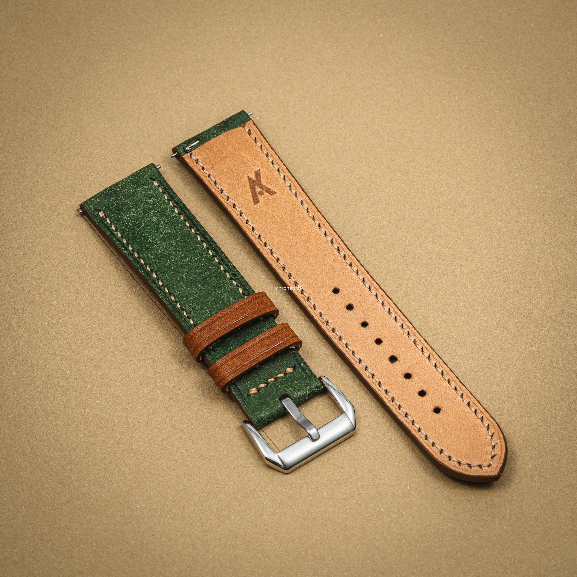 Ręcznie szyty pasek do zegarka A. Kucharski Leather Badalassi Carlo Double Green/Camel 20 mm