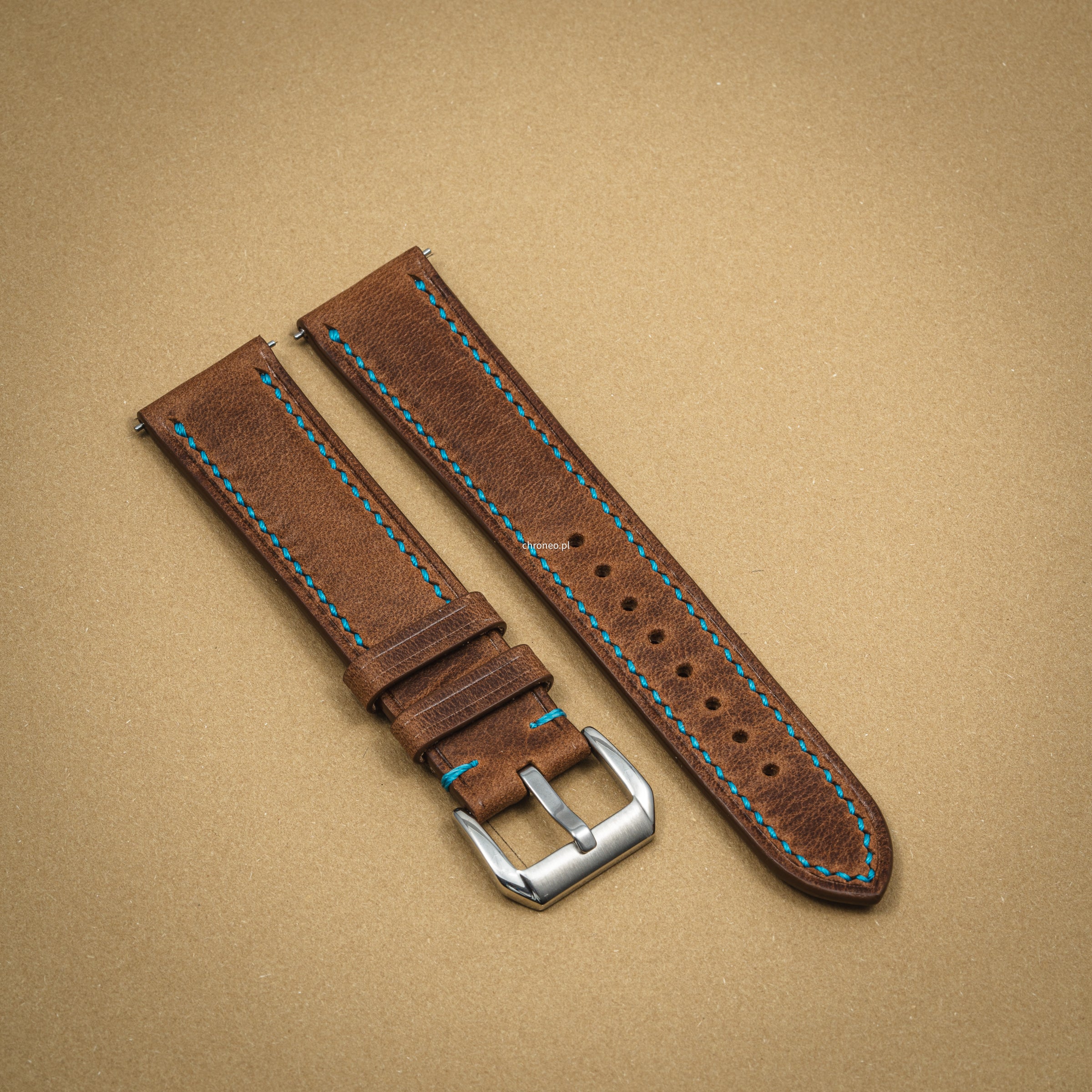 Ręcznie szyty pasek do zegarka A. Kucharski Leather Tempesti Baku Cuoio/Blue 20 mm