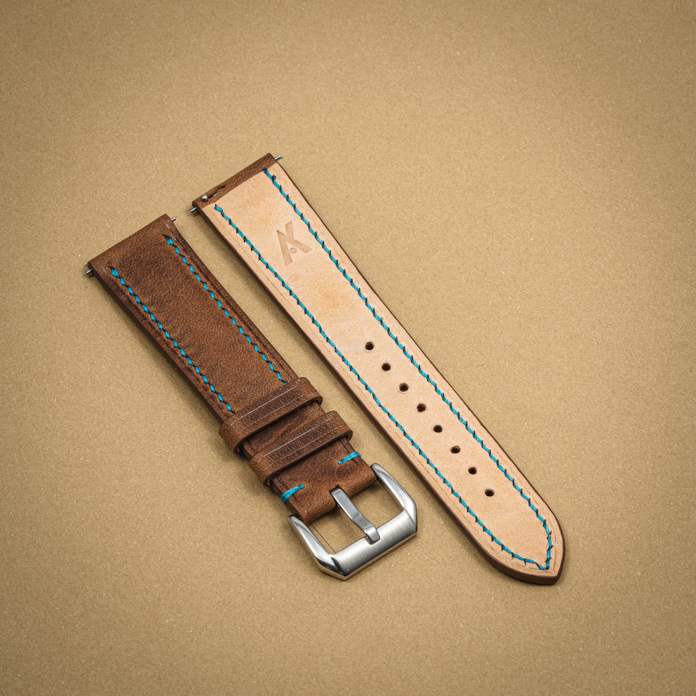 Ręcznie szyty pasek do zegarka A. Kucharski Leather Tempesti Baku Cuoio/Blue 20 mm