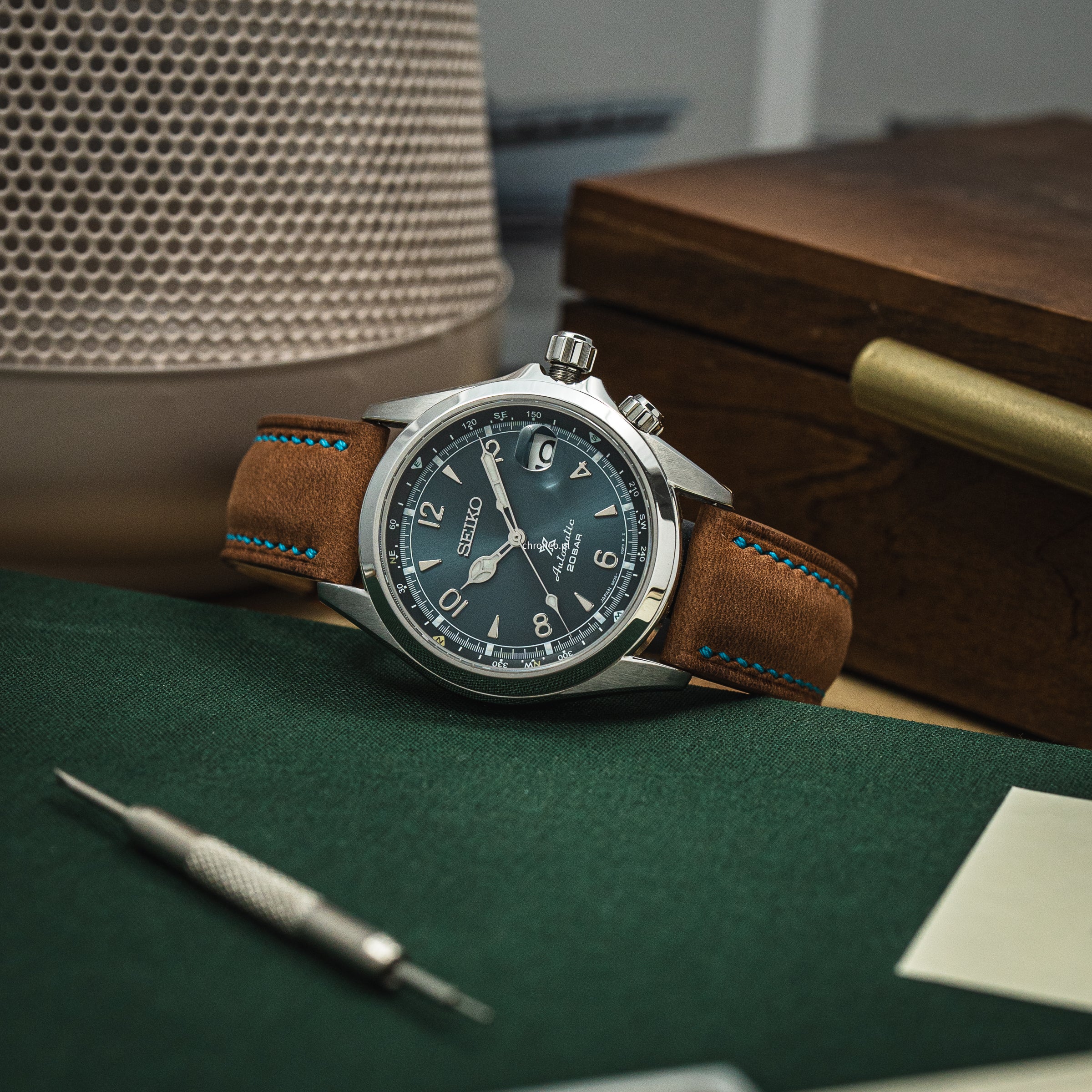 Ręcznie szyty pasek do zegarka A. Kucharski Leather Tempesti Baku Cuoio/Blue 20 mm