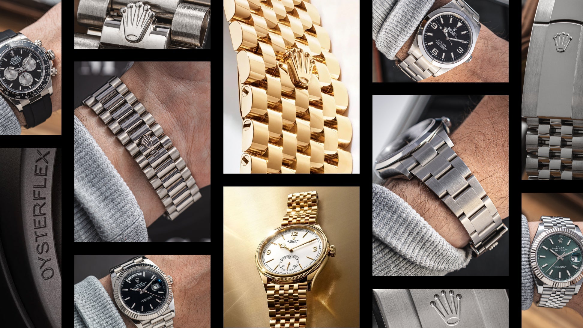 Kolaż przedstawiający różne typy bransolet Rolex